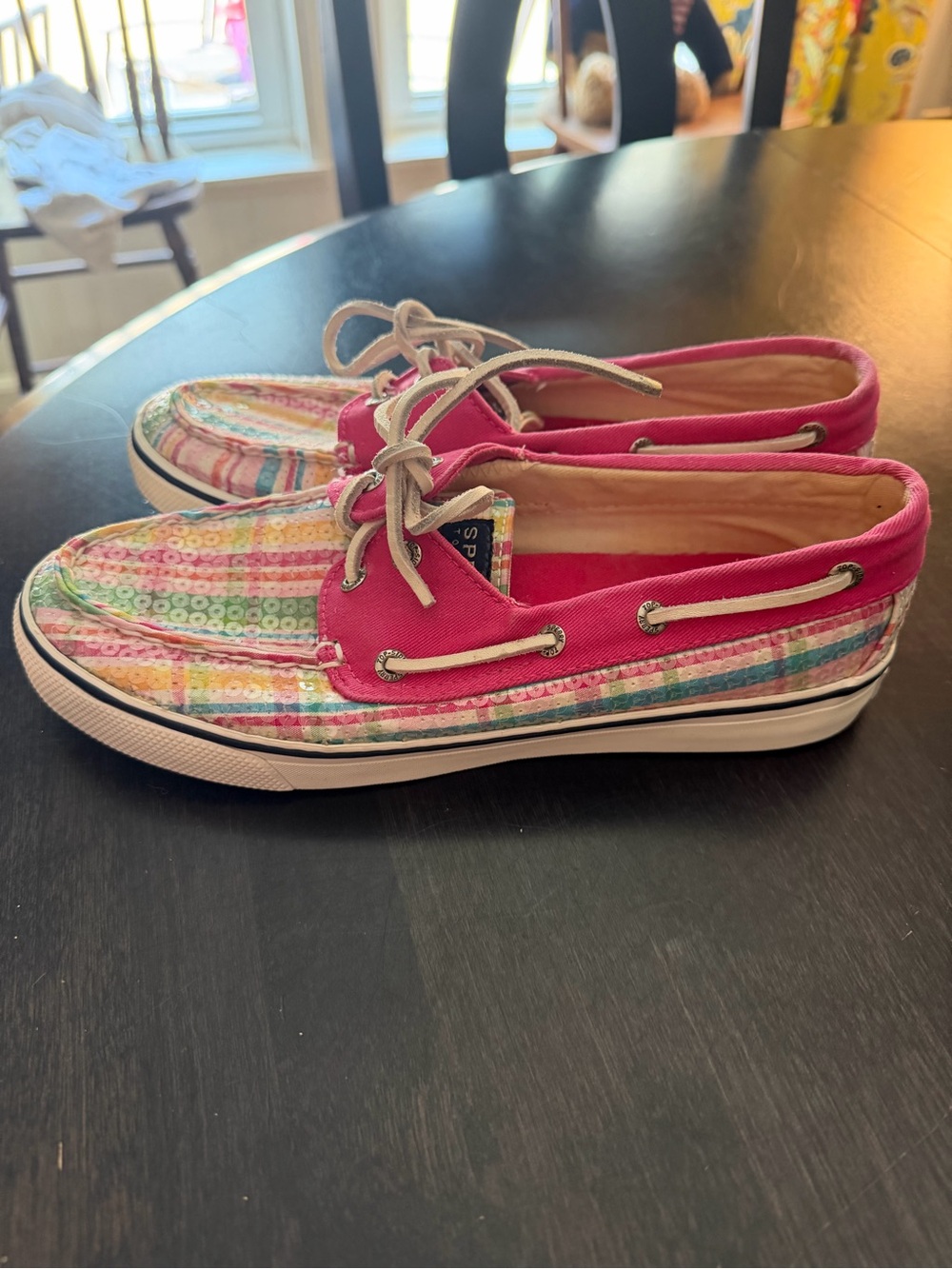 Sperry Hot Pink Multicolor Striped Sequin Boat Shoes